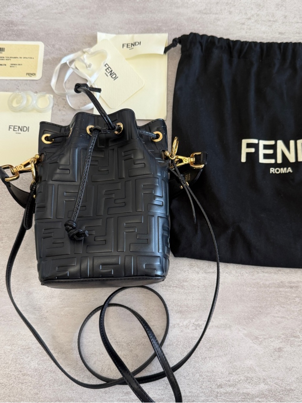Fendi Black Embossed FF Bucket Mini Bag with Gold Hardware Mini Bucket Bag